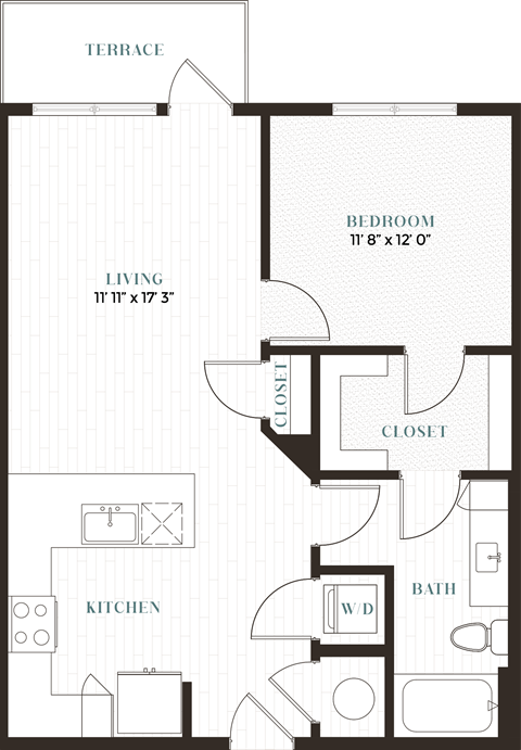 Floor plan for 1 bed, 1 bath, 767 sqft
